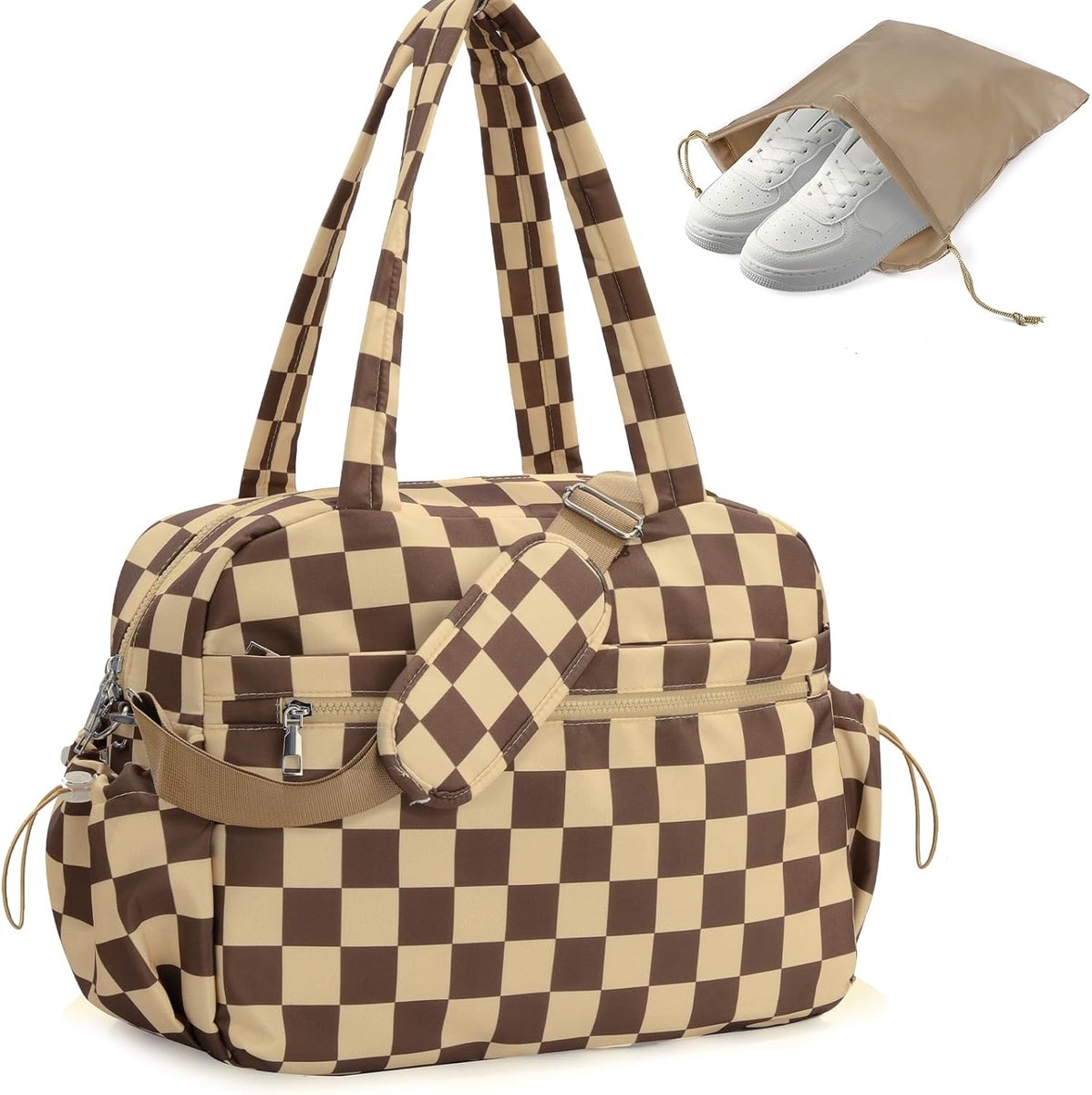 SnelShoppen - Dambord Gymtas Dames - Lichtgewicht Reistas met Natte Zak - Bruin-Kameel Plunjezak voor Weekend, Sport, en Reizen - Modern en Stijlvol P