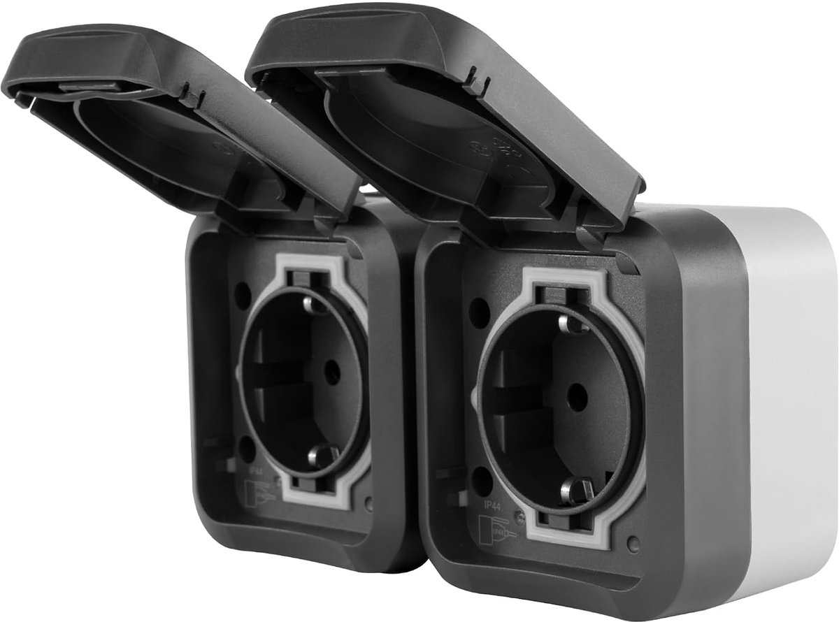 SnelShoppen - Dubbele Waterdichte Stopcontact voor Natruimtes, 2-Weg Opbouw IP55, Dubbelpolig, Horizontaal, 230V, 16A, Antraciet, Voor Buiten en Tuin