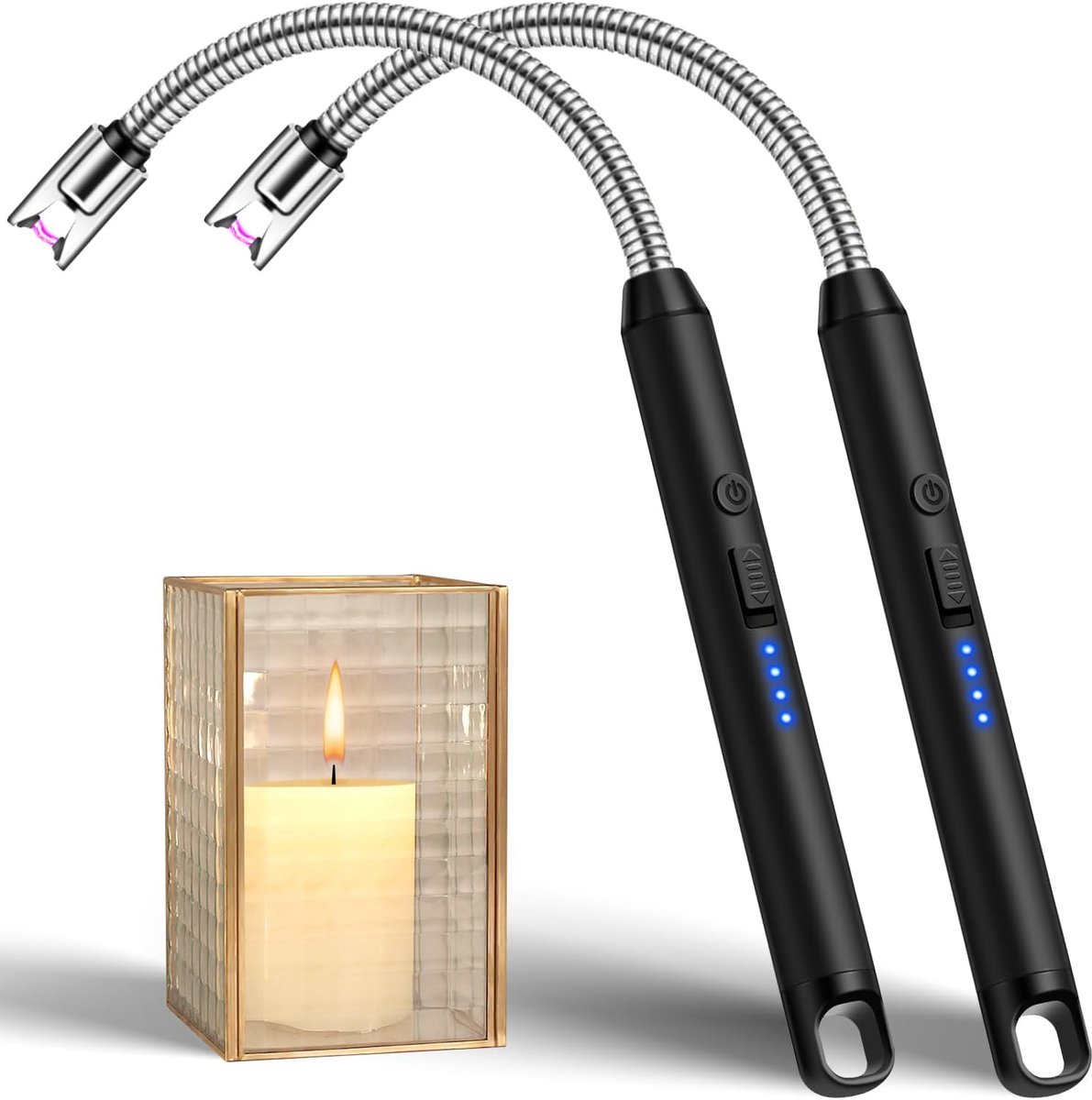 SnelShoppen - LcFun USB Oplaadbare Plasma Aansteker met Langere Nek - Winddichte Elektrische Aansteker voor Kaarsen, Haard, Vuurwerk - 2 Zwart