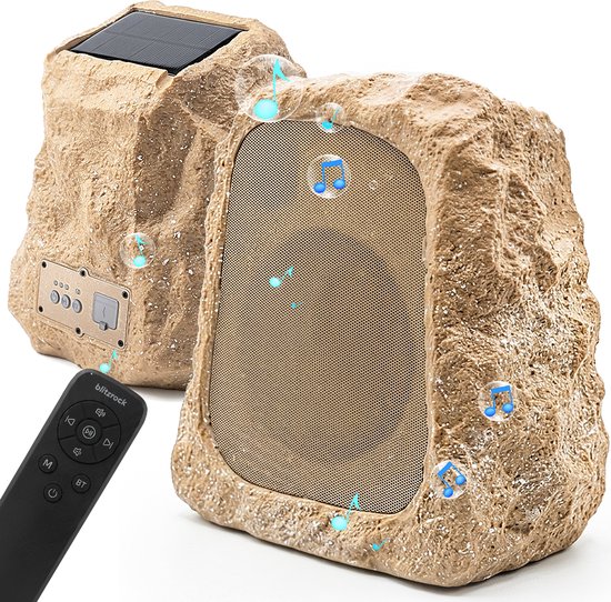 Set van twee Bluetooth-luidsprekers in rotsdesign met zonnepaneel aan de bovenkant en een afstandsbediening.