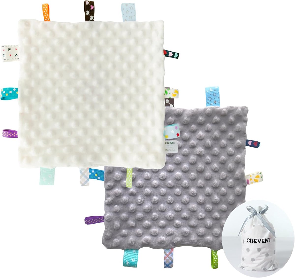 SnelShoppen - CREVENT Tag Baby Veiligheid Dekentjes, Zachte Taggie Sensory Babydeken voor Jongens en Meisjes, Fleece, 24x24cm, Grijs+Ivory, Geweldig C