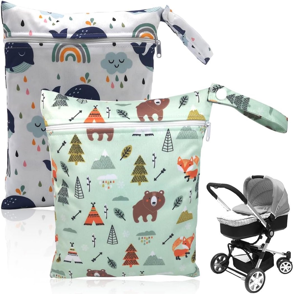 SnelShoppen - 2 Stuks Wasbare Nappy Bag Wetbag Met Rits, Herbruikbare Organizer Voor Luiers, 25x20cm, Waterdicht, Wit, Ideaal Voor Reizen, Strand, Zwe
