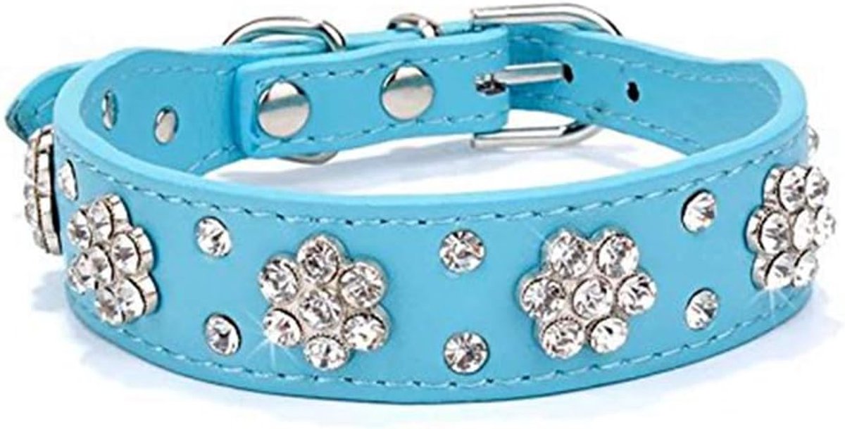SnelShoppen - Rhinestone Hondenhalsband met Schattige Bloemen, Bling PU Leer, Verstelbare Maten S, M, L, Blauw, Perfect voor Feestjes en Dagelijks Geb