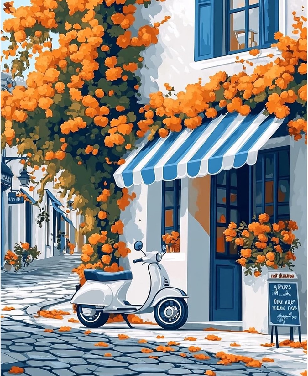 SnelShoppen - Paint by Numbers voor Volwassenen - Schilderen op Nummer - Straatlandschap en Bloemen - Hoge Resolutie Canvas - DIY Schilderkit voor Beg