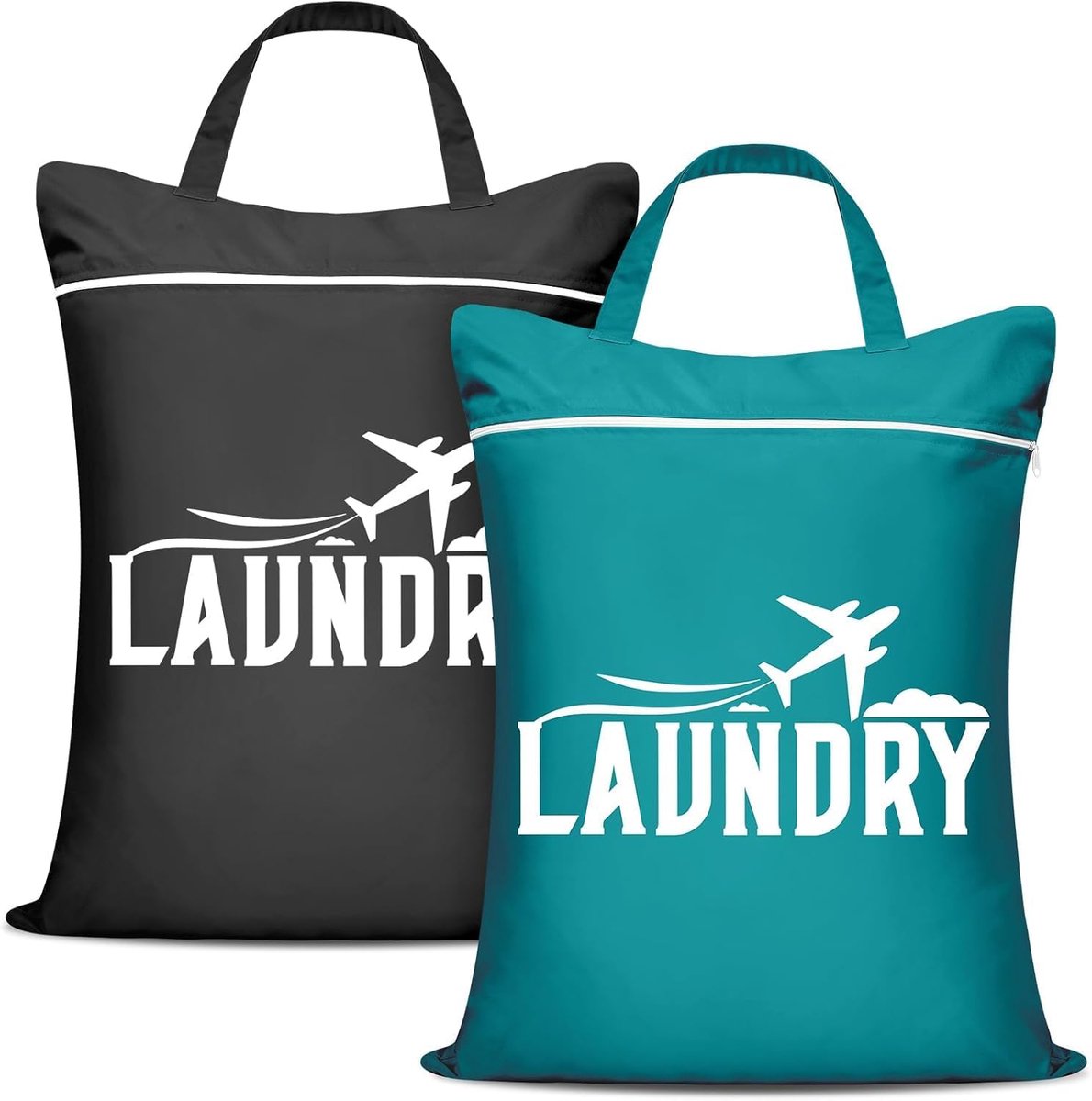 SnelShoppen - 2 Pcs Waterdichte Reiswaszakken met Handgreep en Rits - Ideaal voor Vuile Kleding, Sportkleding, Zwemspullen - 46x58 cm - Zwart + Pauwbl