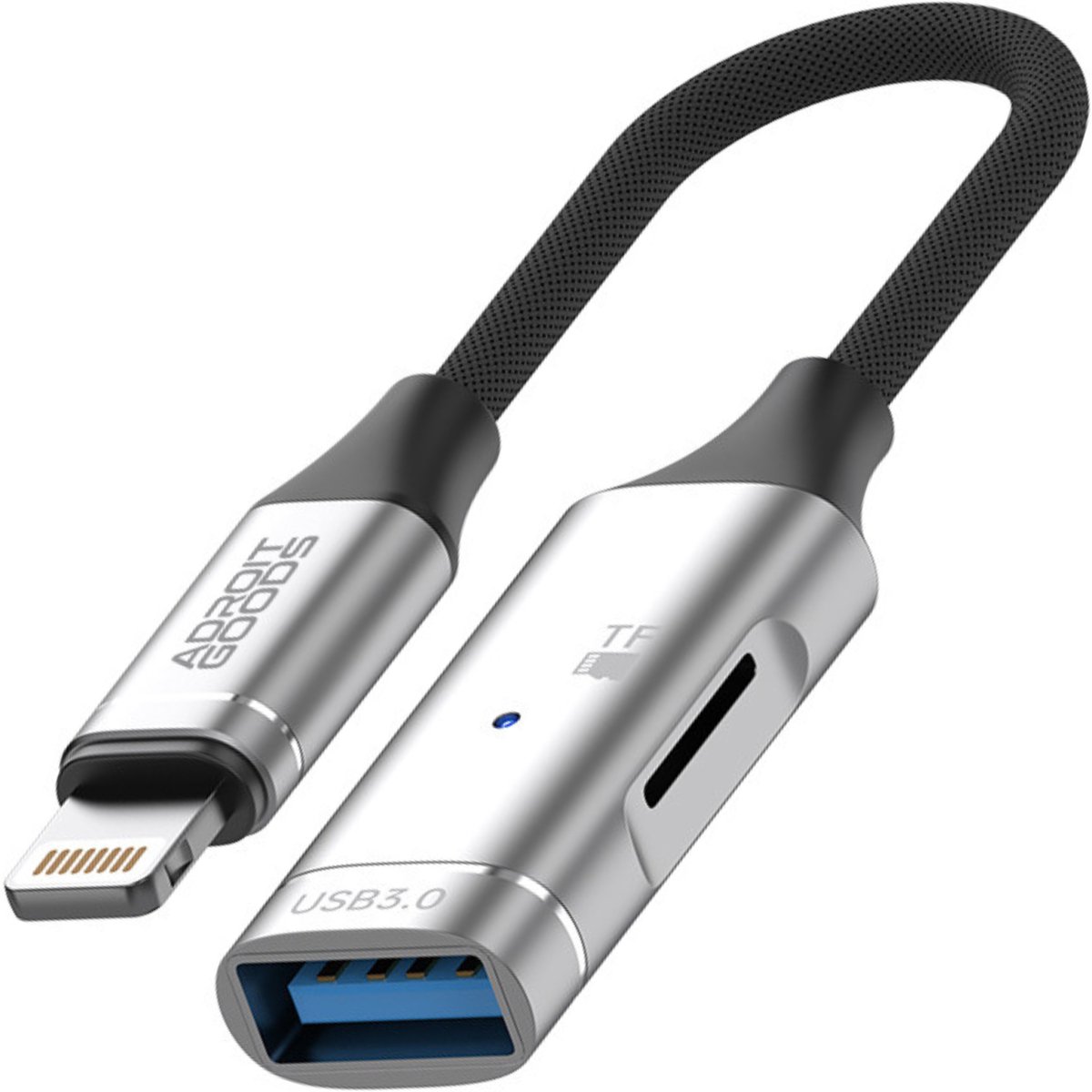 AdroitGoods USB-A OTG Adapter met TF Kaartlezer geschikt voor Lightning – USB 3.0 5Gbps – Compacte 2-in-1 Hub – Geschikt voor iPhone, iPad en Apple – Plug & Play Data Adapter - Silver