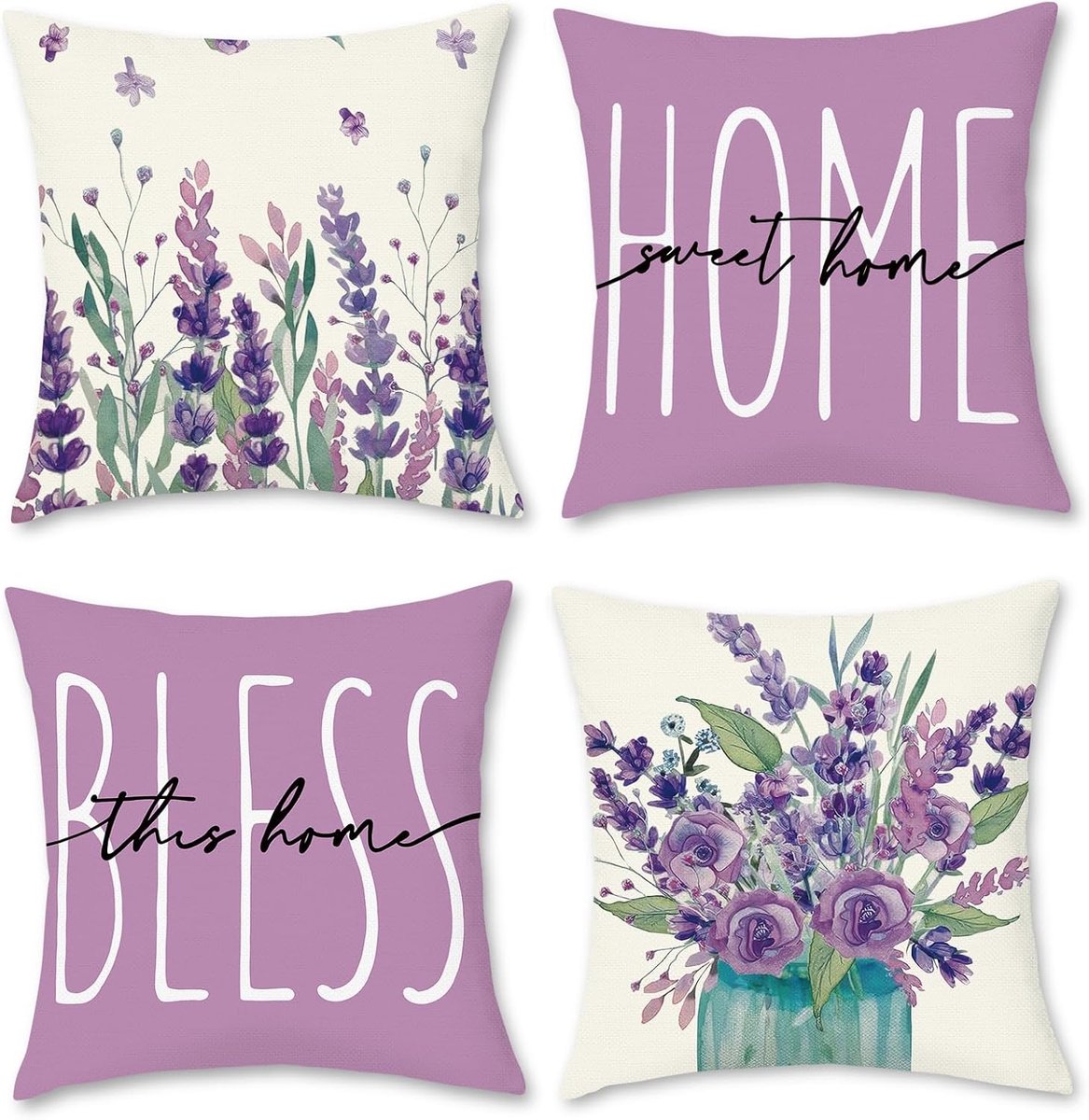 SnelShoppen - Set van 4 kussenslopen 40 x 40 cm lavendelpaars linnenlook met bloemen en letterpatroon, moderne decoratieve kussenovertrekken voor bank