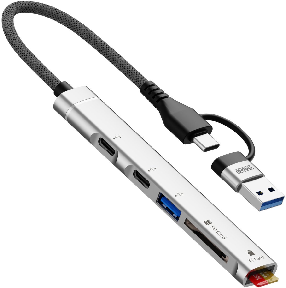 AdroitGoods USB-C & USB-A Hub 6-in-1 - SD TF Kaartlezer - USB 3.0 - Dual USB-C Data - OTG Adapter - Laptop Smartphone Tablet - Compact Aluminium Design - Silver