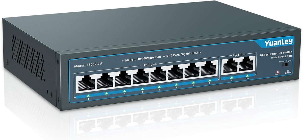 SnelShoppen - PoE Switch 10 Poorten, 8 PoE 100Mbps, 2 Gigabit Uplink, 120W 802.3af/at, Fanless, Plug and Play voor Thuis en Kantoor