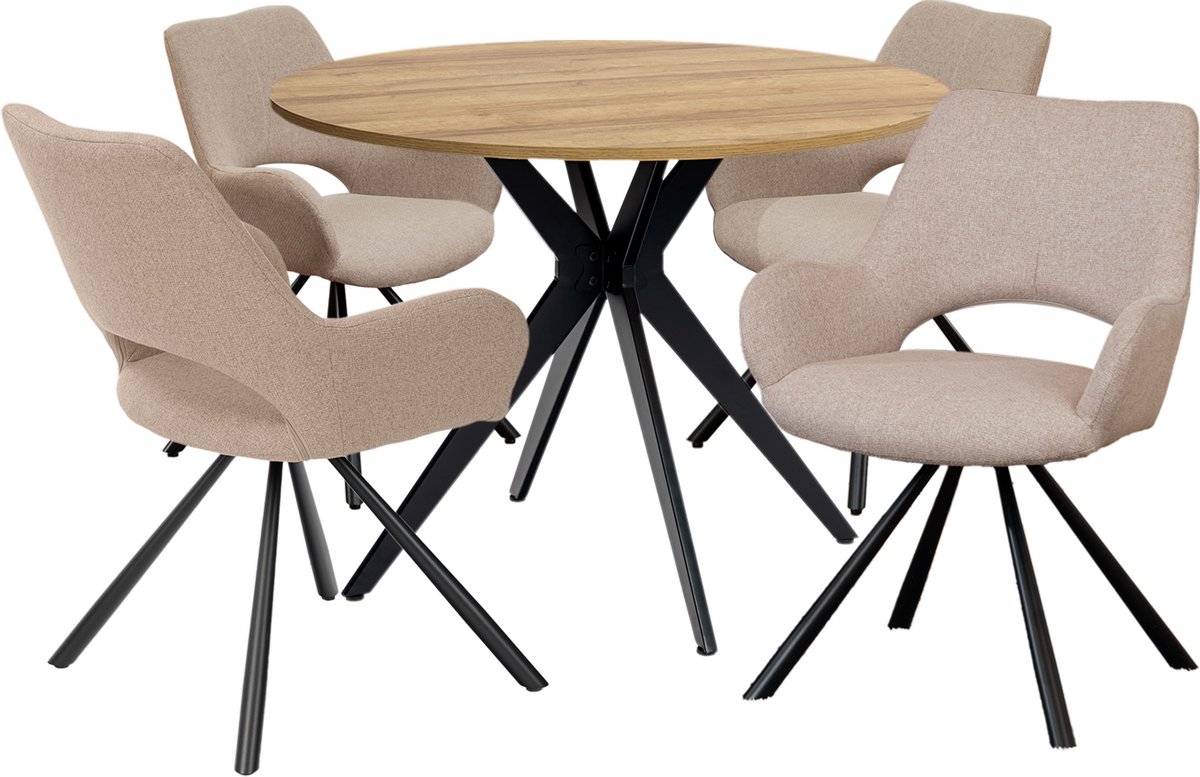 Eethoek - Ronde Eikenlook Tafel Met 4 Design Stoelen - Beige