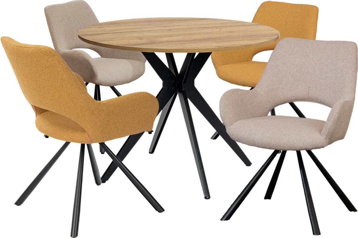 Eethoek - Ronde Eikenlook Tafel Met 4 Design Stoelen - Beige en Geel
