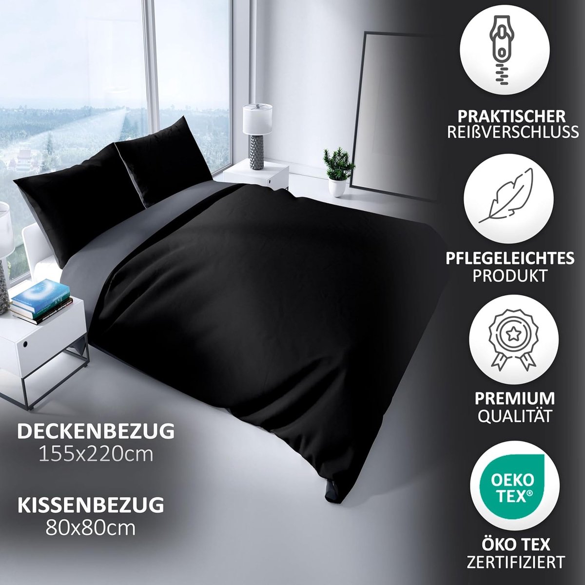 SnelShoppen - Luxe Bedlinnen Set 2-delig - Dekbedovertrek 155 x 220 cm met Kussensloop 80 x 80 cm - OEKO-TEX Katoen-Satijn Zwart - Comfortabel en Adem