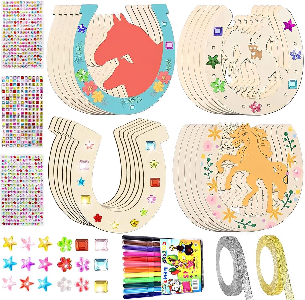 SnelShoppen - Creatieve Hoorngraft Set 41 Stuks - Onbehandelde Houten Paardenhoeven voor Kinderen - Verjaardagsknutselset met Waterverf Pennen, Glitte