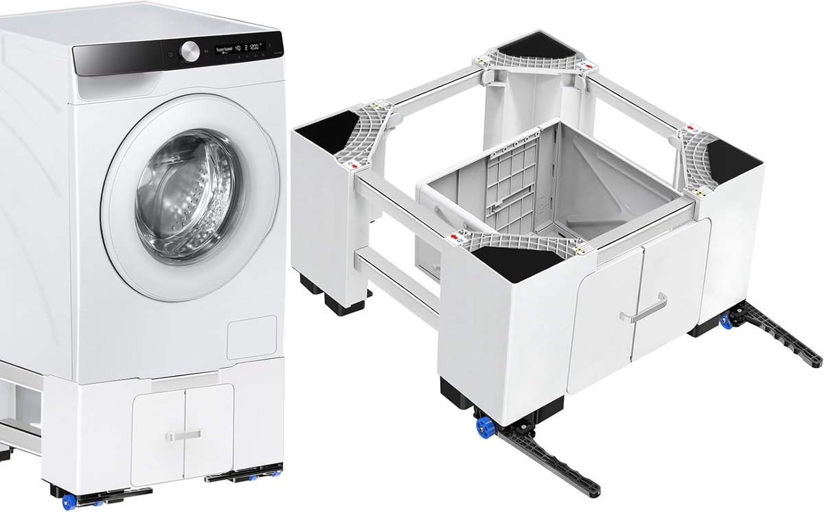 SnelShoppen - Universele Wasmachine Basis met Lades en Wielen, Verstelbare Wasmachine Onderstel (63-69 cm), Voor Wasmachines en Wasdrogers, 400 kg Dra