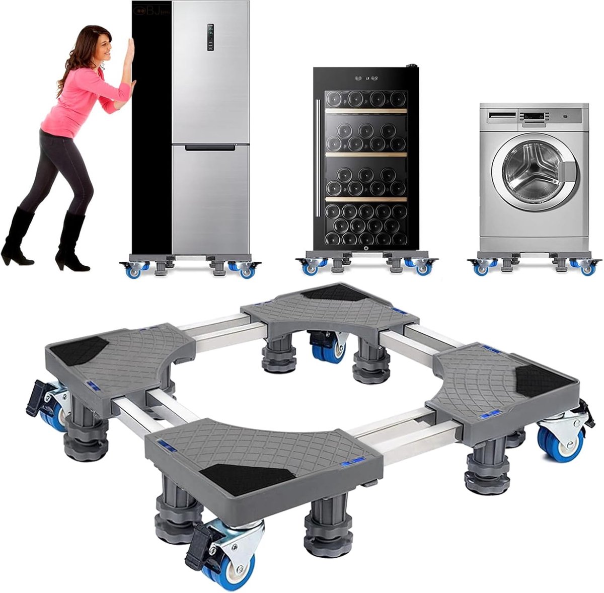 SnelShoppen - Wasmachinebasis met 4 Wielen, Verstelbare Hoogte 9.5-12.5 cm, Maximale Draagkracht 400 kg, PP Kunststof en RVS, Ideaal voor Wasmachines,