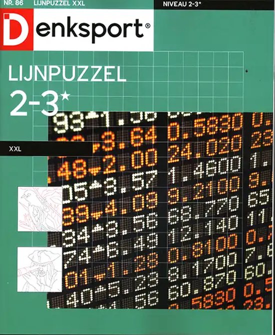 Denksport Lijnpuzzel XXL Nr. 86 Niveau 2-3. Op de voorgrond een digitaal scorebord met oranje cijfers. Links twee schetsen.