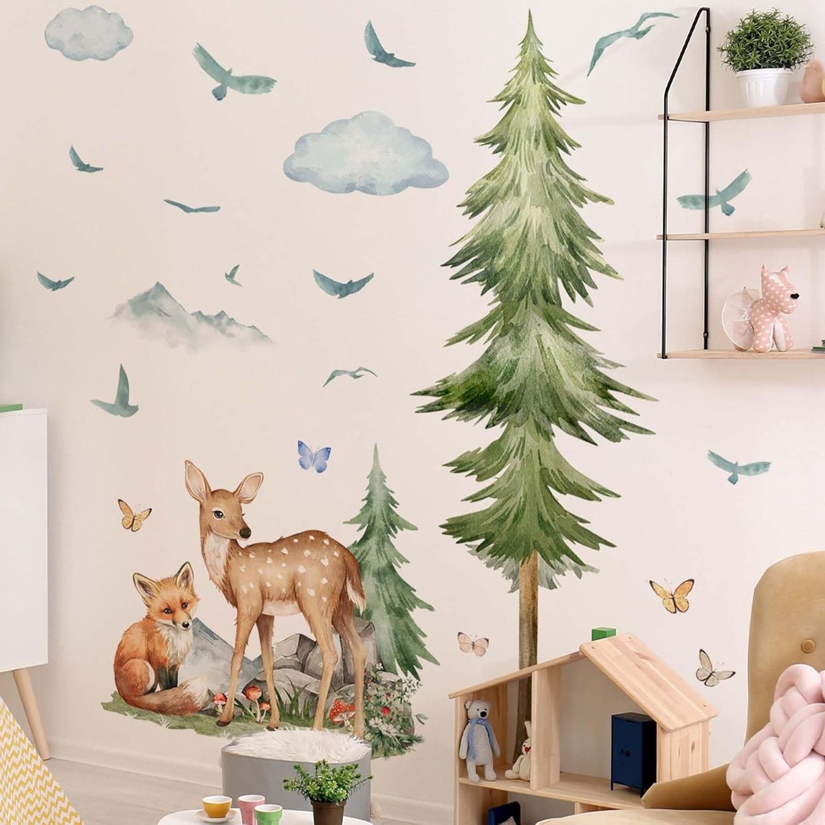 Muurstickers met Bosdieren zoals Herten, Vossen, Vogels en Vlinders voor Slaapkamer en Kinderkamer Decoratie