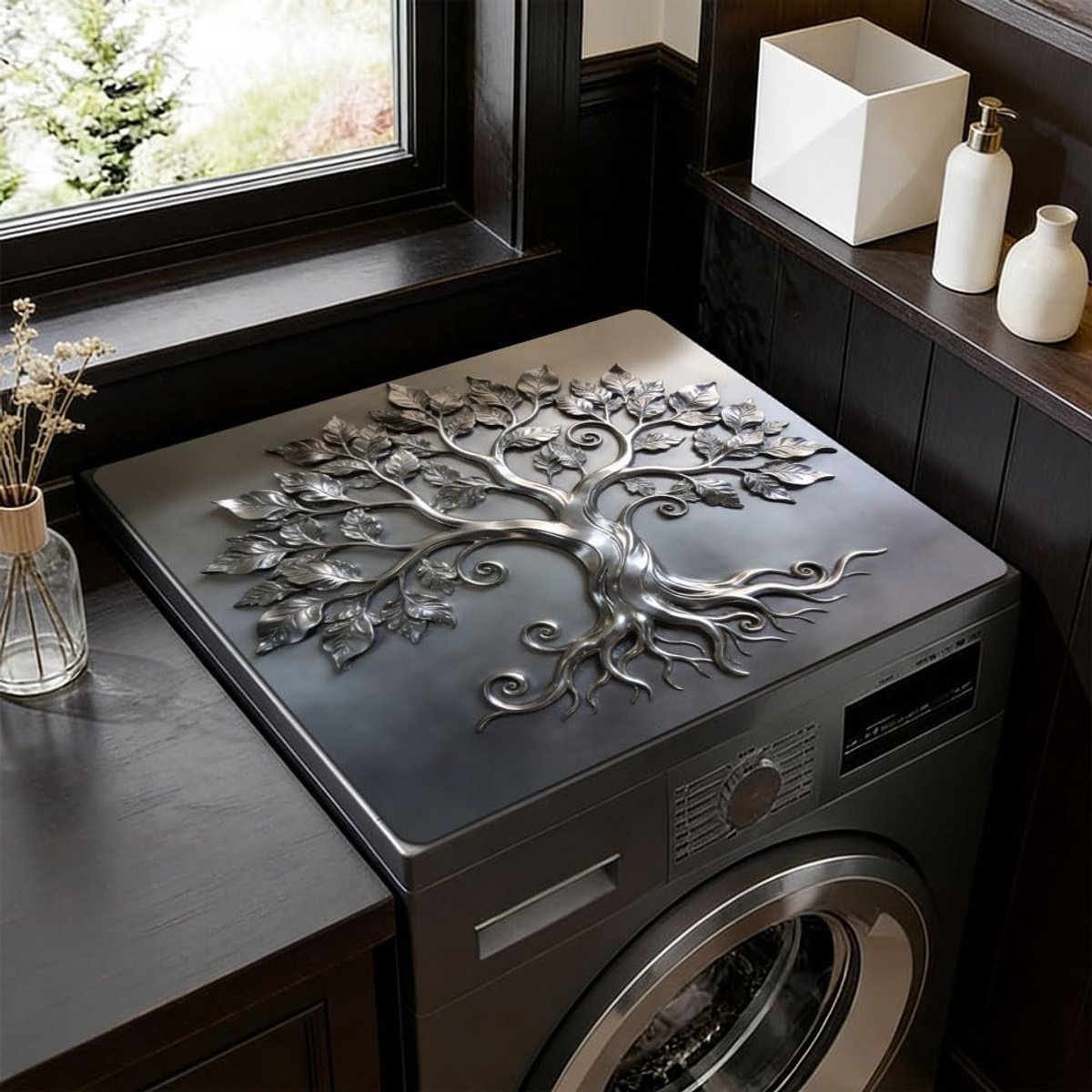 SnelShoppen - Waterproof Wasmachine Topper 60x50cm - Zilveren Boom des Levens Patroon - Beschermmat voor Wasmachine en Droger - Decoratieve Werkbladbe