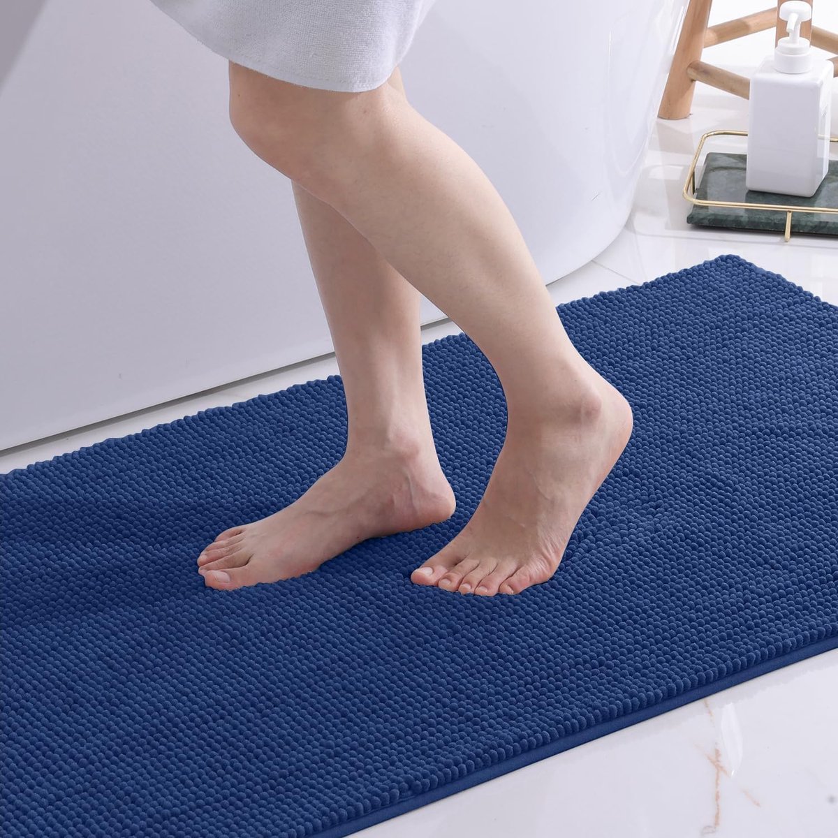 SnelShoppen - Chenille Badmat 60 x 120 cm - Antislip, Zacht en Absorberend, Navy Blauw, Washable, Ideaal voor Badkamer en Toilet