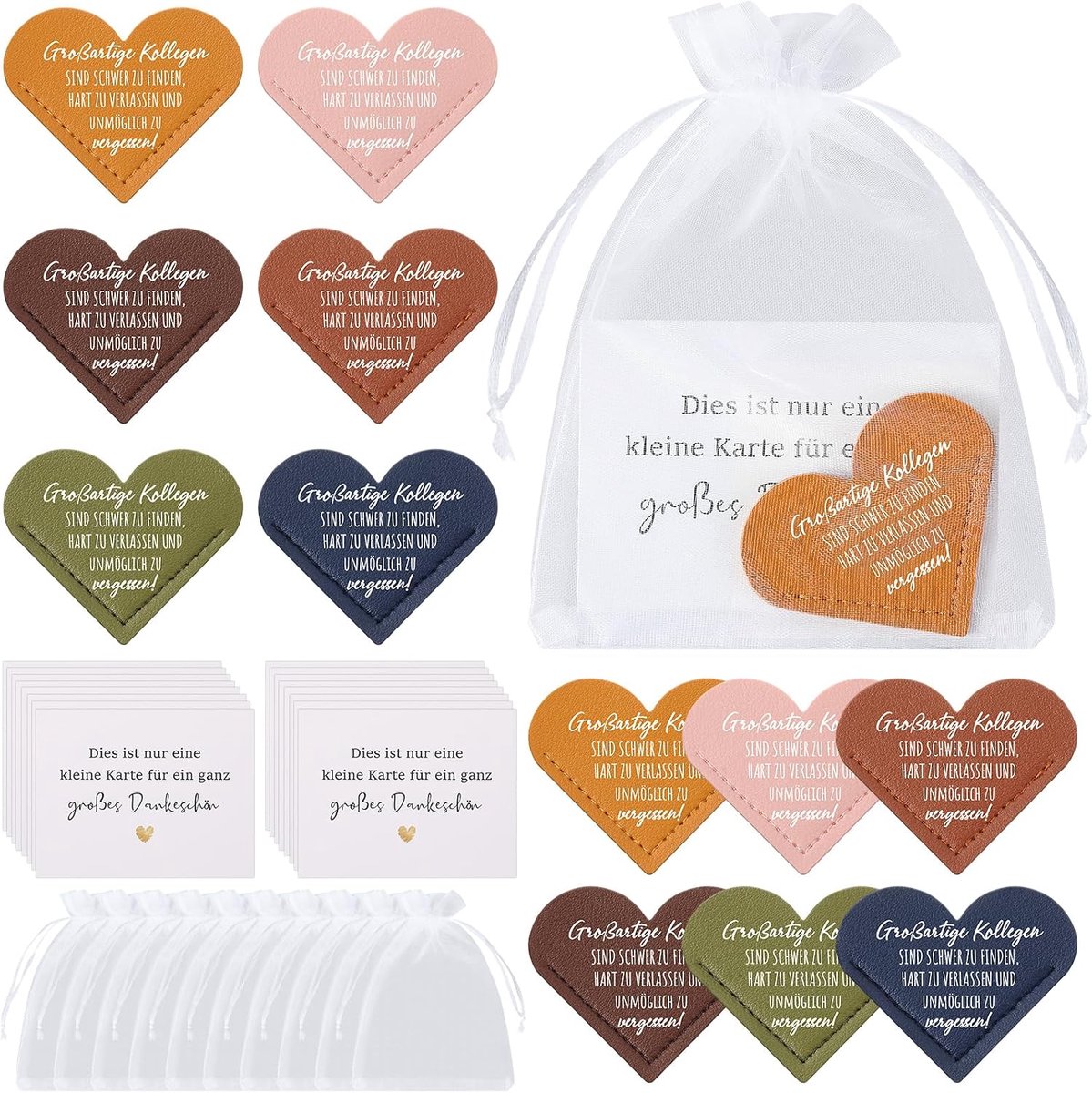 SnelShoppen - 24-delige Bedank Set met Hartvormige Lederen Boekenleggers, Bedankkaarten en Organza Tasjes voor Collega's en Vrienden, Perfect als Afsc
