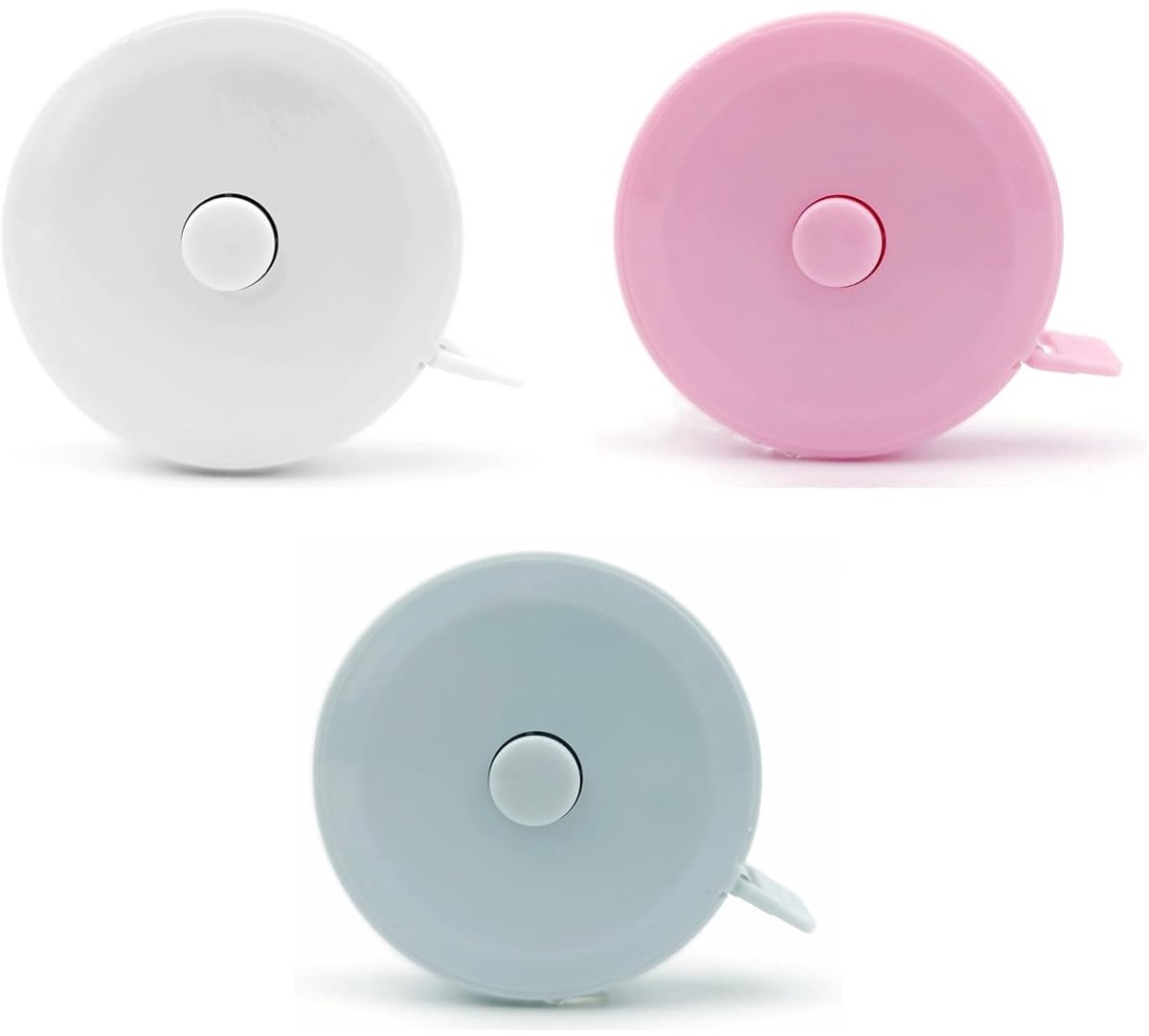 SnelShoppen - Mini Rolmaat voor Lichaamsmetingen, Retractable en Draagbaar, 3-Pack (Blauw, Roze, Wit), Perfect voor Kleding, 150 cm