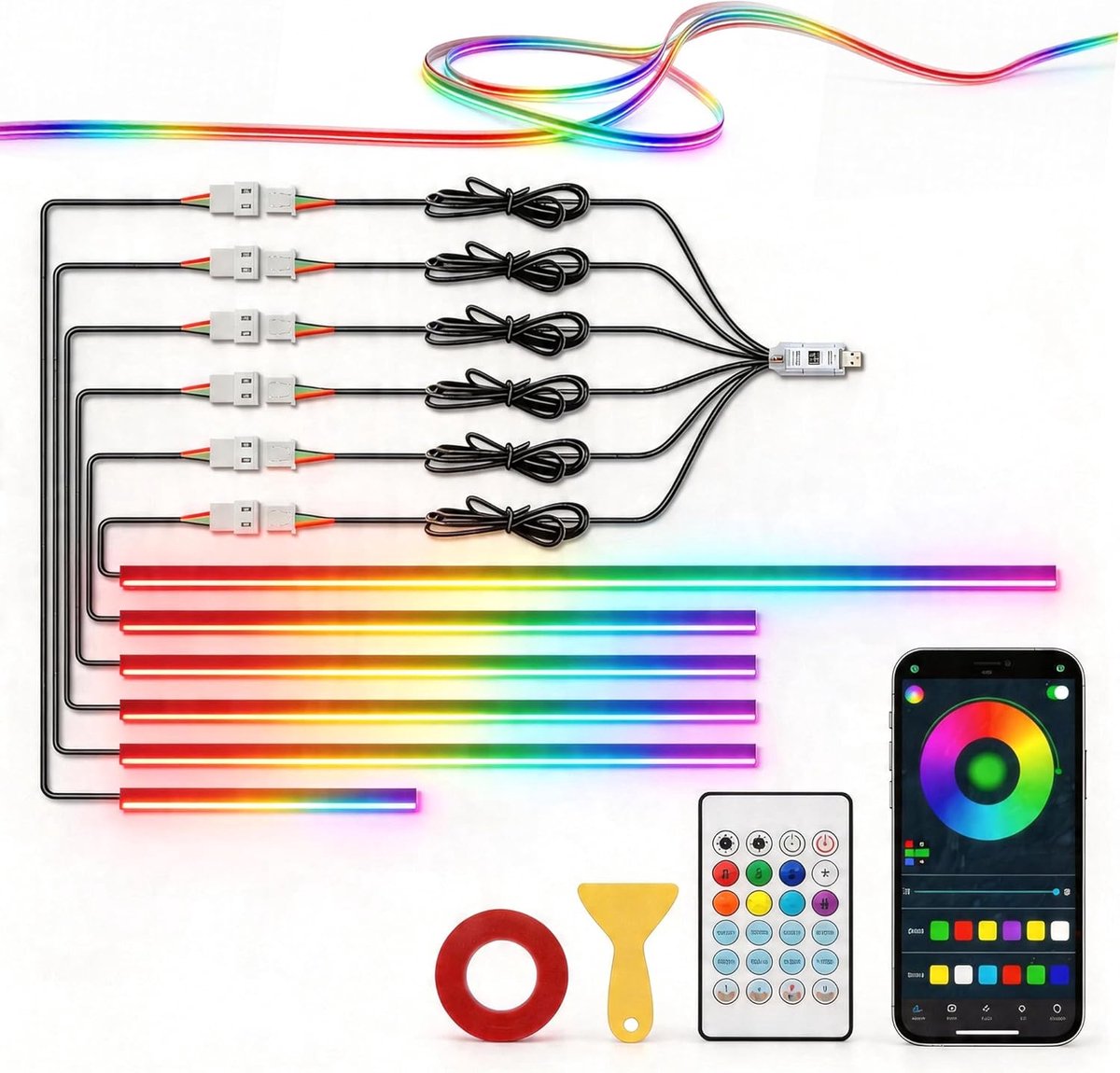 Thijox - Acryl 6-in-1 Auto Sfeerverlichting RGB LED Binnenverlichting Strip Lights 445cm 584 LEDs 16 Miljoen Kleuren 210 Dynamische Effecten USB-Aansl