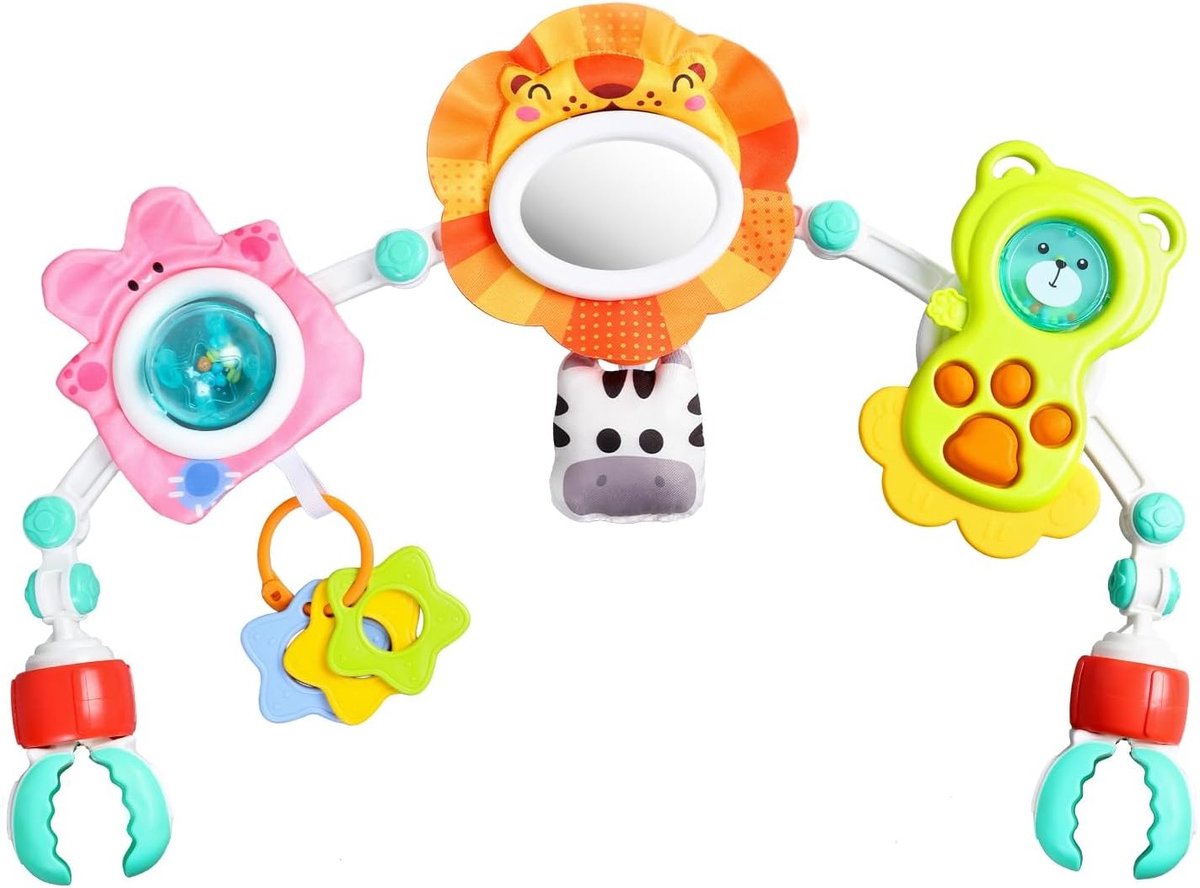 Speelboog voor baby's, 6-in-1 mobiel met sensorisch speelgoed voor zintuiglijke ontwikkeling en motoriek, geschikt voor 0-12 maanden, met leeuwenthema en stimulerende activiteiten