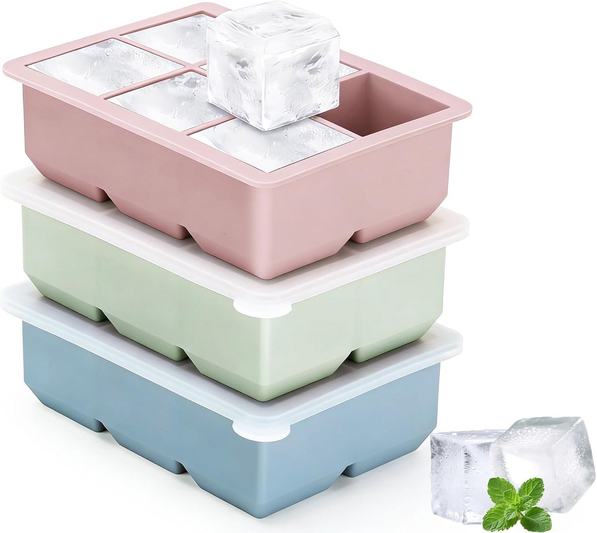 SnelShoppen - Ice Cube Mould - Herbruikbare Silicone IJsblokjes Tray met Deksel - 3 Stuks - Grote IJsblok Mallen voor Keuken, Feest, Camping - Veilig