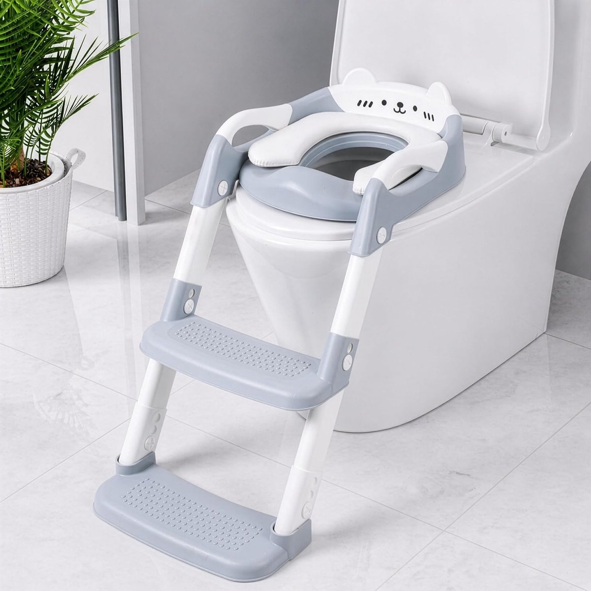 Stabiele toiletbril voor kinderen met antislip pedaal, hoogte verstelbaar en spatbescherming, eenvoudig te monteren en op te bergen