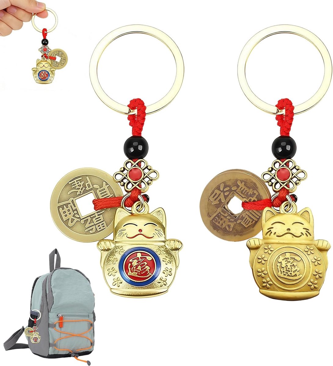 SnelShoppen - Car Pendant Lucky Cat 2 Stuks – Feng Shui Achteruitkijkspiegel Decoratie met Keizerlijke Munten, Geluk, Rijkdom, Vintage Uiterlijk voor