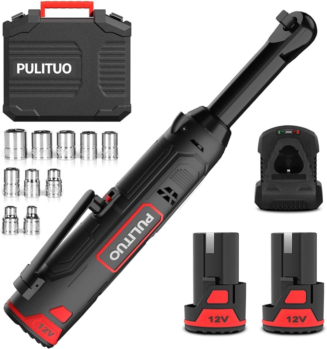 SnelShoppen - Elektrische Ratelsleutelset 12V met 3/8 inch Verlengde Hals, 10 lbs Accu, Draadloze Ratelsleutel met 2 x 2,0 Ah Batterijen en Snel Oplad