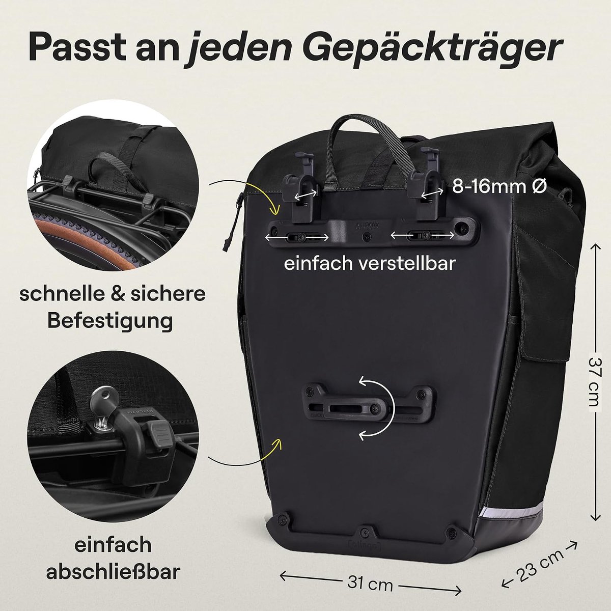 SnelShoppen - Fietstas voor bagagedrager 25-27,5 liter, waterdicht, met laptopvak en ABUS-cijferslot, inklapbaar Klickfix-systeem, ideale fietstas voo