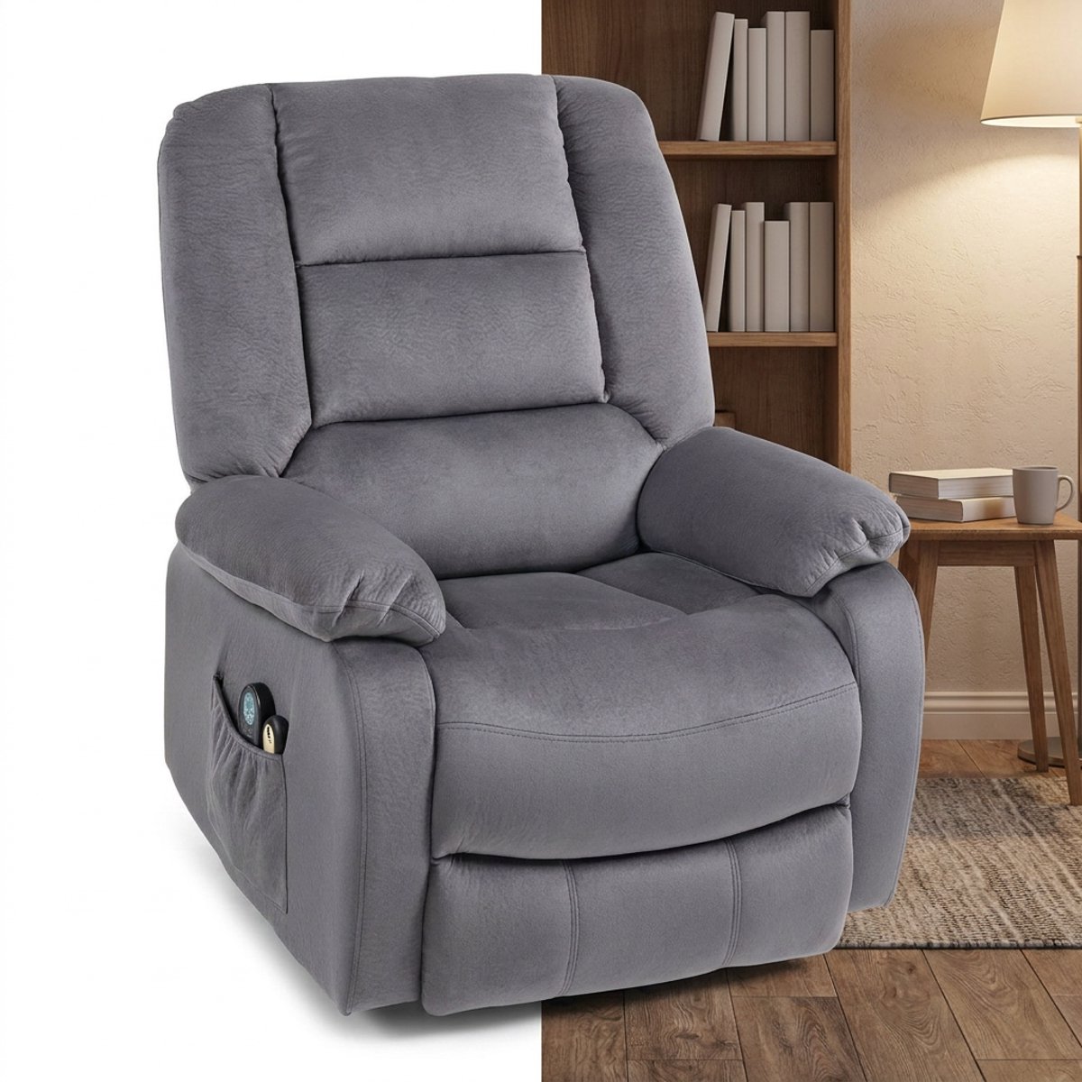 GranMaison Massagestoel - Relaxfauteuil - Zetel - Sta op stoel elektrisch - Stof - 1 persoons - Met armleuning - Zeer comfortabel - Elektrisch - Donkergrijs