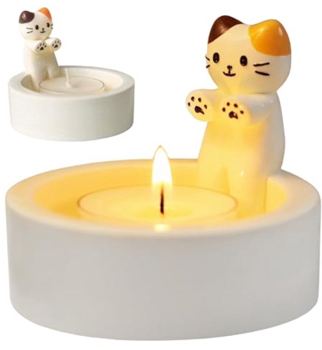 Theelichthouder Kat met Verwarmende Pootjes - Handgemaakt Hars Cadeau voor Kattenliefhebbers - Woonkamer Slaapkamer Decoratie
