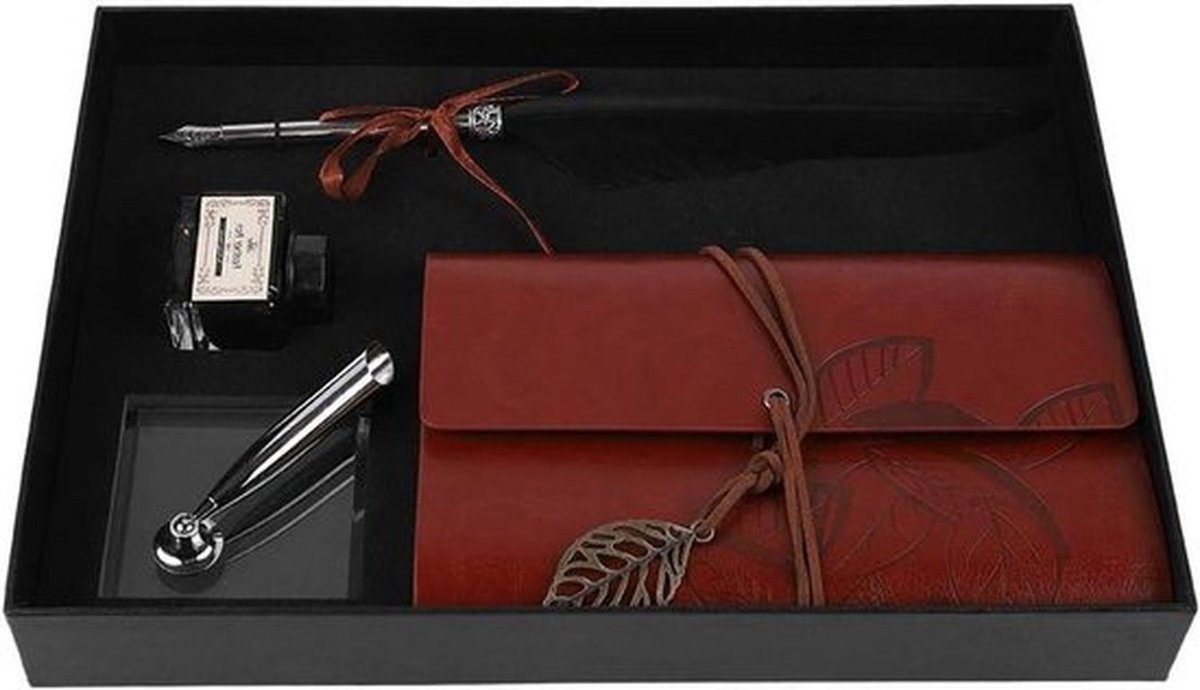 Lederen retro notitieboek met klassieke vulpen en inktfles - geschenkset voor Valentijnsdag (zwart)