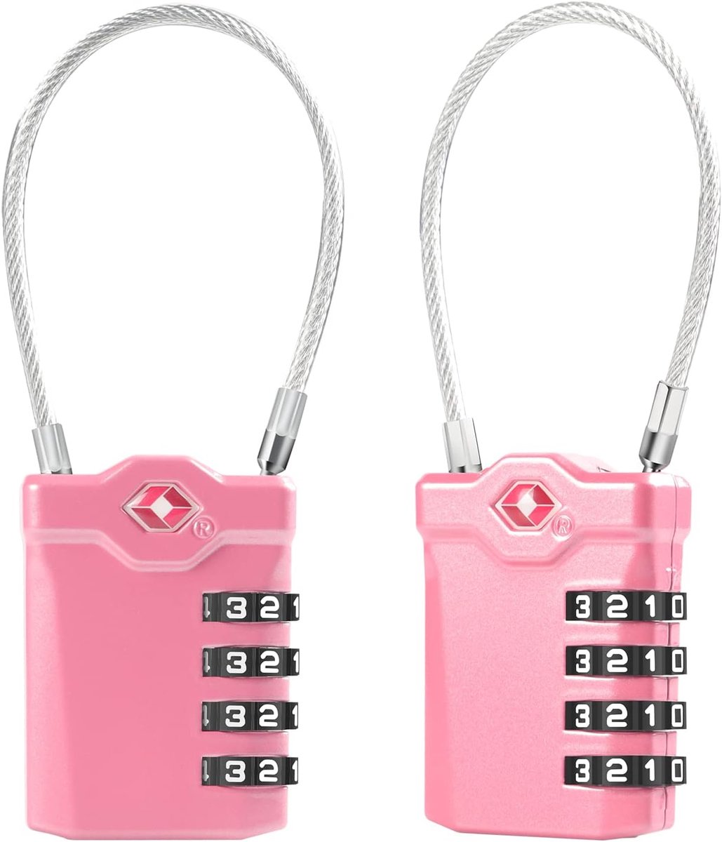 SnelShoppen - TSA Bagagesloten, 2 Stuks, 4 Cijfer Combinatieslot met 14 cm Flexibele Kabel voor Koffer, Luggage, Rugzak, School of Gym Lockers (Roze)