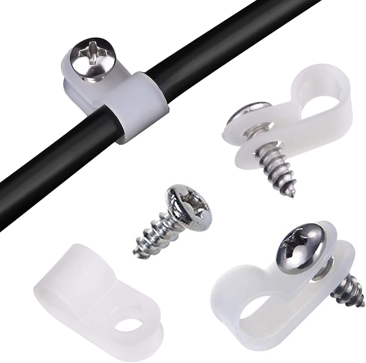 Thijox - 100 Stuks Wit/Zwarte Nylon R-Kabelclips met 100 Schroeven voor Kabelmanagement, Perfect voor Thuis, Kantoor en Tuin - Ideaal voor LED Kabels