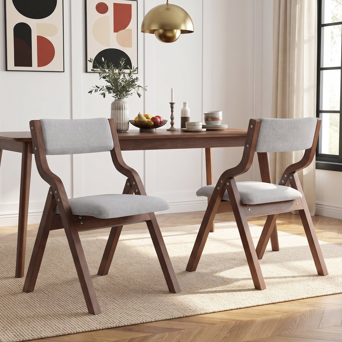 Pugsdrly 2 opvouwbare eetkamerstoelen, eetkamerstoelen van massief hout, comfortabel en ademend, opvouwbaar en opbergbaar, geschikt voor eetkamer, woonkamer, café, moderne stijl, linnen, grijs