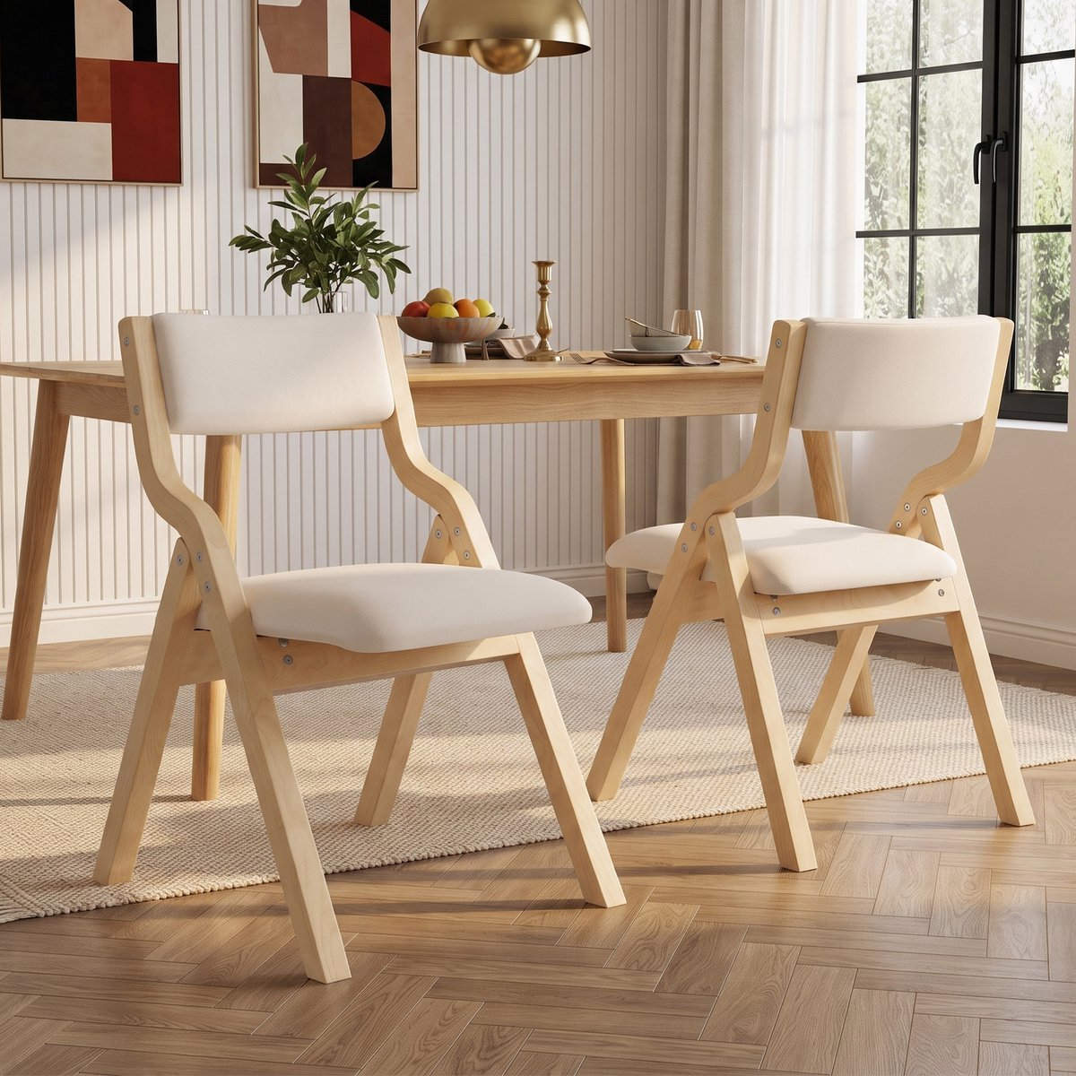 Pugsdrly 2 opvouwbare eetkamerstoelen, eetkamerstoelen van massief hout, comfortabel en ademend, opvouwbaar en op te bergen, geschikt voor eetkamers, woonkamers, cafés, moderne stijl, linnen, beige
