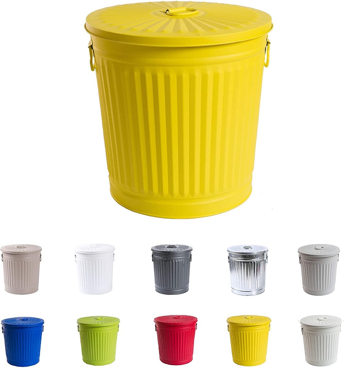 SnelShoppen - Gele Galvanized Metal Bin met Handvatten en Deksel | Ø 21.5 cm - Hoogte 21.5 cm | 7 Liter | Retro Stijl voor Keuken, Tuin en Feest