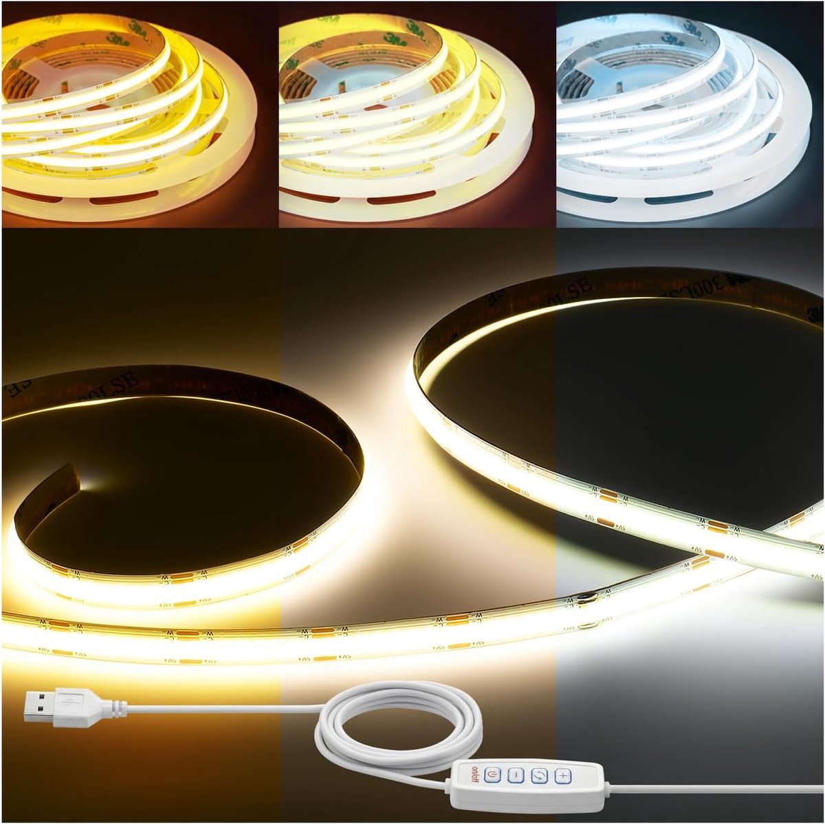 SnelShoppen - Dimbare 2M COB LED Strip Light Warm Wit tot Koel Wit (2700K-6500K) USB-aangedreven Zelfklevend voor Keuken, Woonkamer, Trap, Bar Decorat