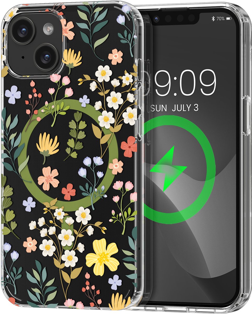 kwmobile Kristalheldere hardcase compatibel met Apple iPhone 15 Hoesje – compatibel met MagSafe – Acryl hoesje met TPU-rand – Charmante bloemen design