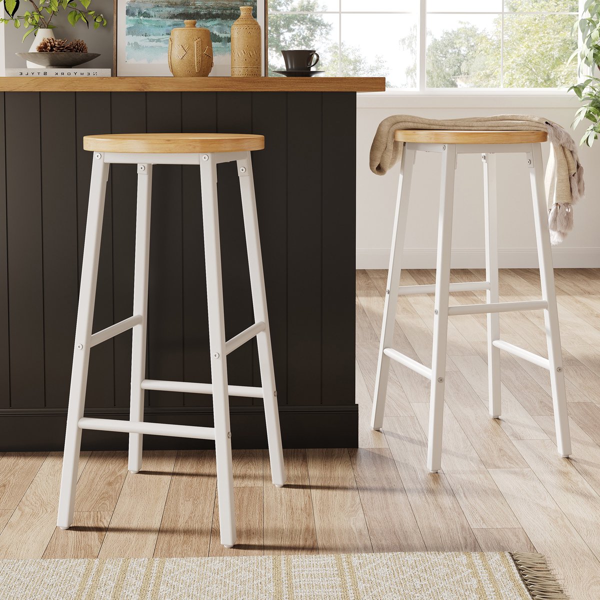 Sweiko Barkruk - Set van 2 - Houtlook - Metalen frame - 2 voetsteunen - Wit