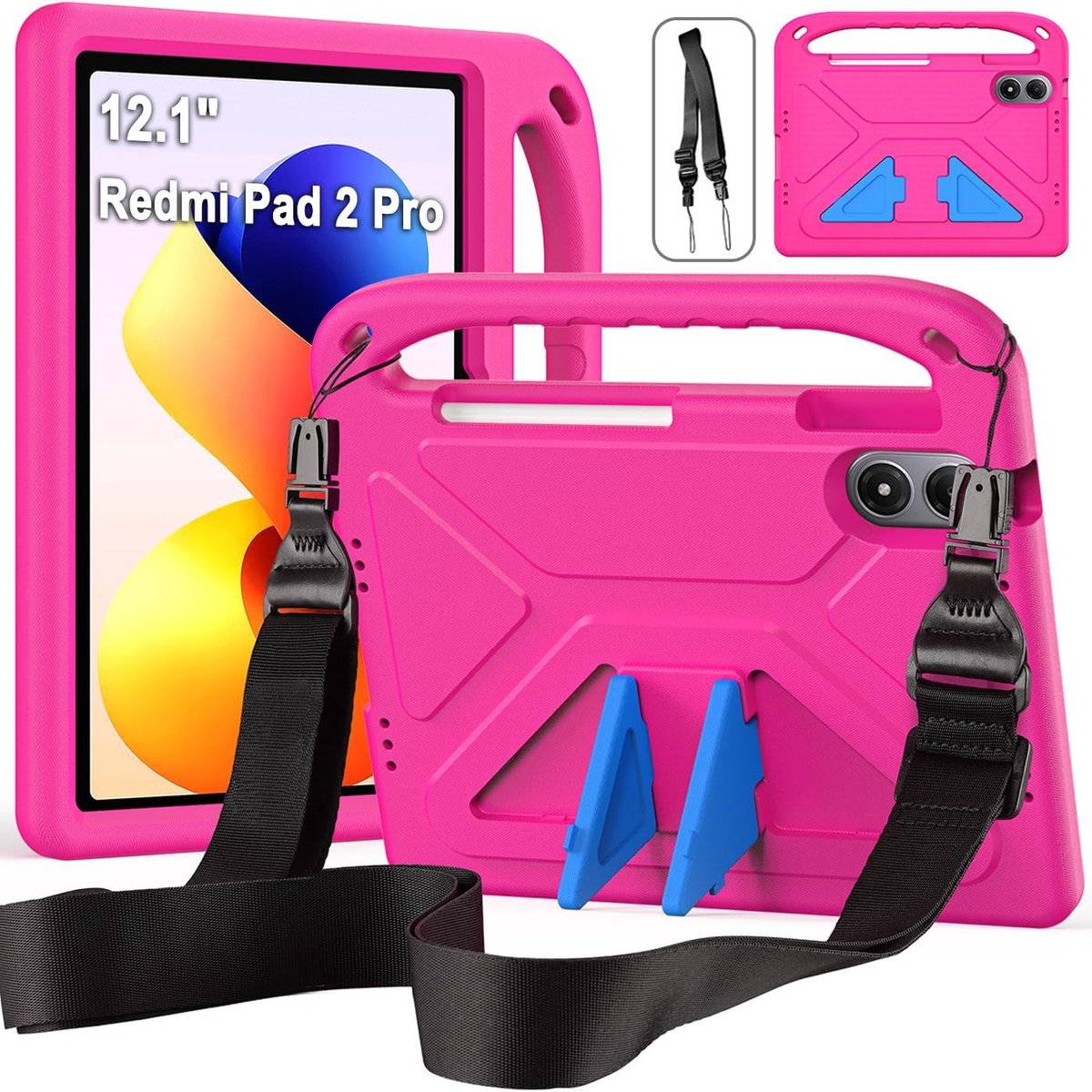 SnelShoppen - Kinder Hoes voor 12.1 Inch Tablet, Schokbestendig, Met Handvat en Schouderband, Magenta, Voor Kinderen, Ideaal voor Thuis en Onderweg