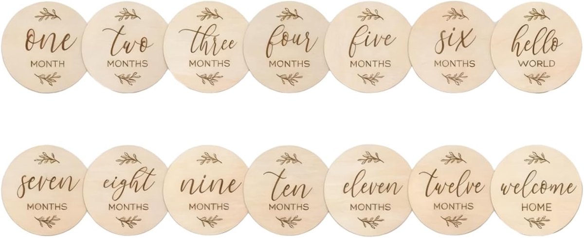 SnelShoppen - Set van 7 Houten Baby Mijlpalenkaarten, Dubbelzijdige Maandelijkse Kaarten, Welkom Wereld Bord 0-12 Maanden, Groeiregistratie, Geschenk