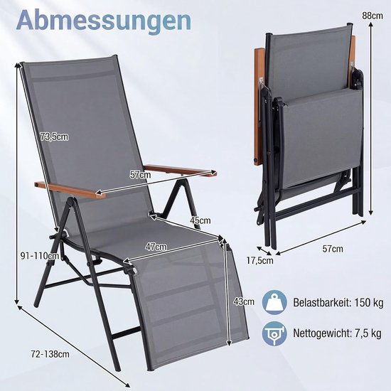 COSTWAY Ligstoel, inklapbaar, set van 2, ligstoel met verstelbare rugleuning, weerbestendige tuinligstoel, klapstoel tot 150 kg belastbaar, relaxstoel voor tuin, balkon, terras (grijs) van Costway — afbeelding 3