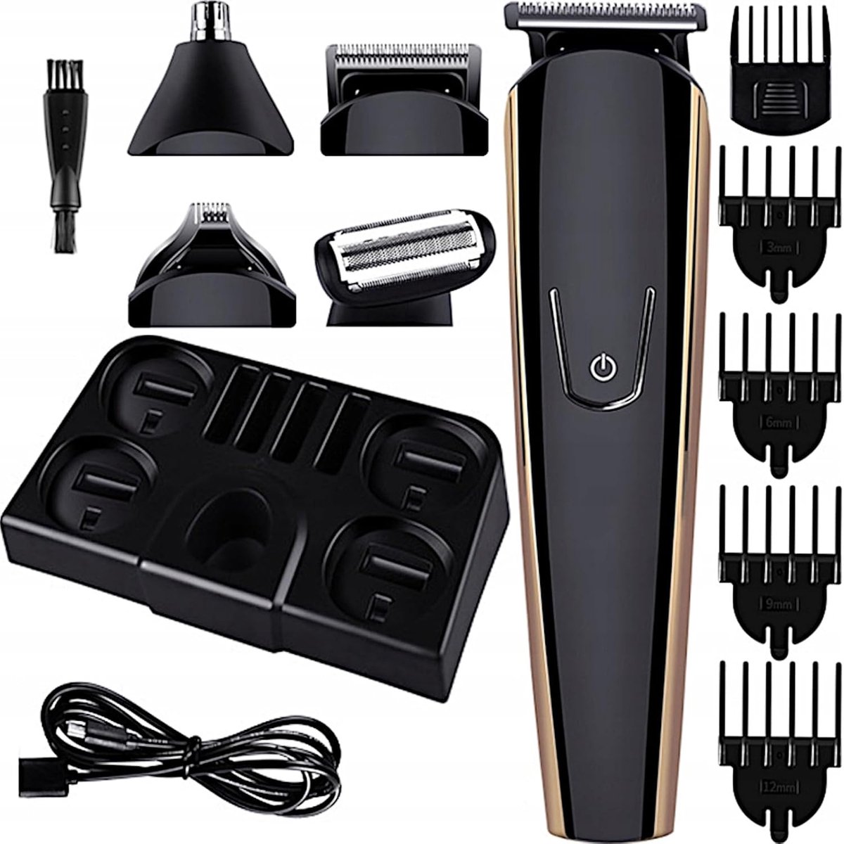 SnelShoppen - Professionele Baardtrimmer en Haartrimmer voor Mannen, 13-delige Set met Oortjes, Neus, Baard, Lichaam en Snor Verzorging, Zwart