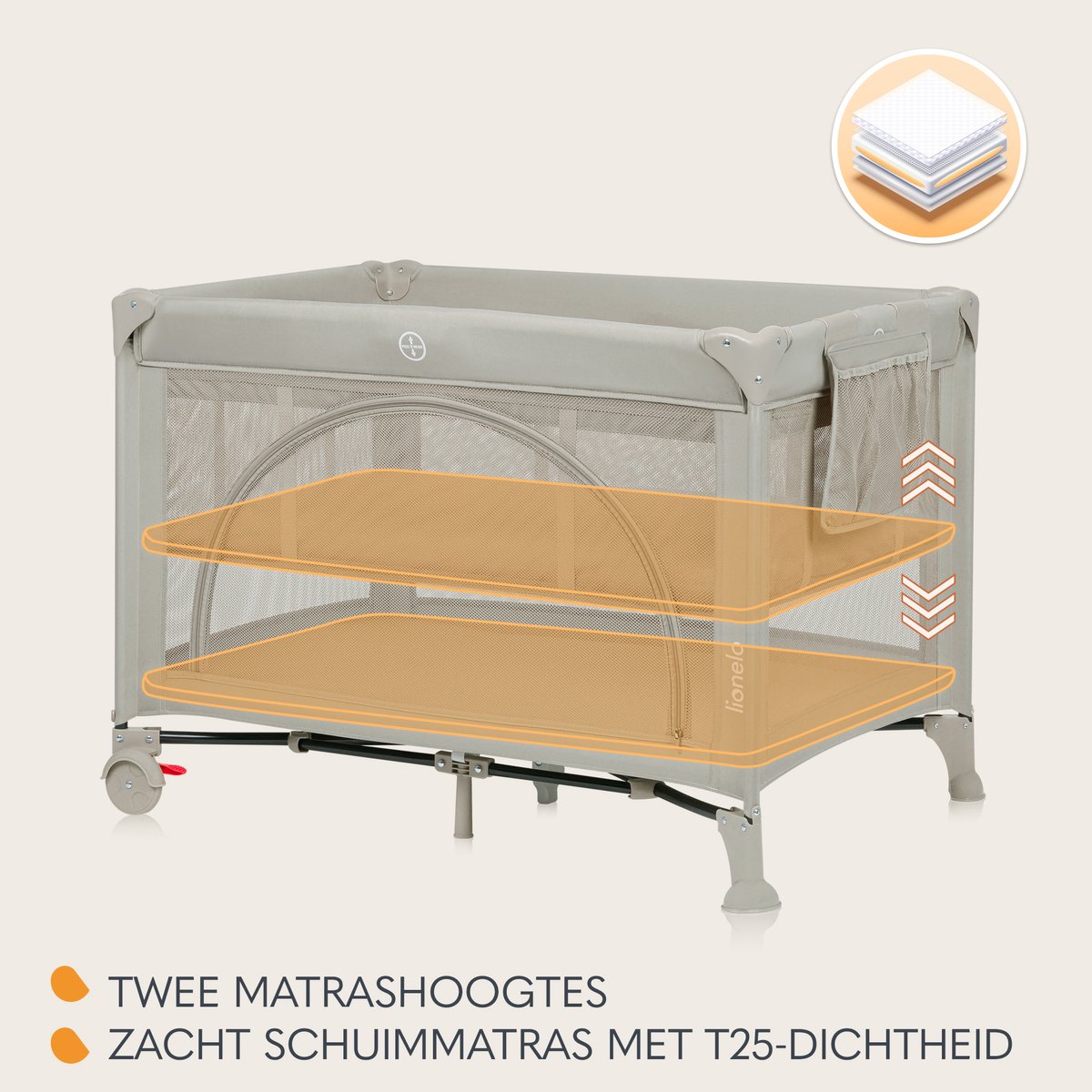 Lionelo Laura Campingbedje 2in1 – Reisbedje & Babybedje – 0-36 Maanden – 2 Matrasniveaus – Compact & Lichtgewicht – Schuimmatras – 2 Wielen met Rem – Mesh Zijpanelen – Zij-ingang – Opbergvak – Inclusief Draagtas – foto 5
