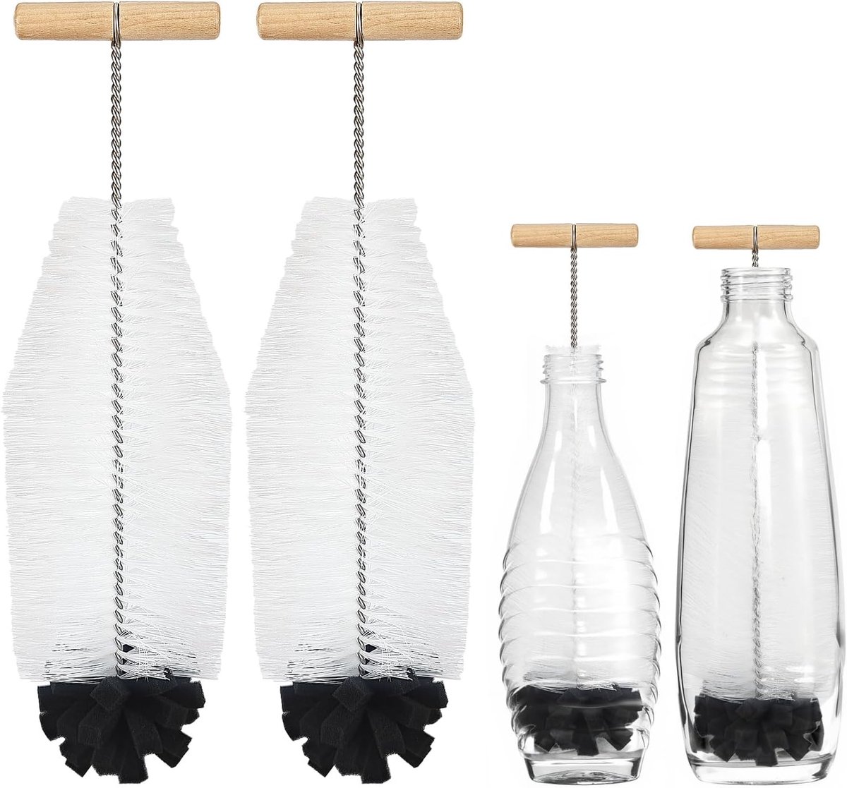 SnelShoppen - Set van 2 Borstels voor Sodastream-flessen - 32 cm - Ergonomische Handgreep - Witte Haren en Zwarte Spons - Ideaal voor Duo Glazen en Pl