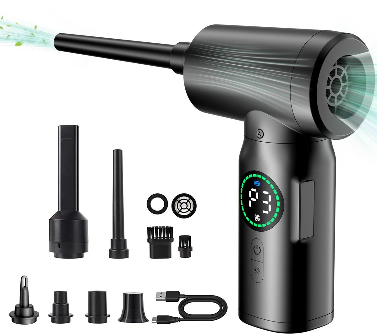 KZQ Oplaadbare elektrische luchtblazer voor computer en auto - Draadloos mini-stofblazer met LED-verlichting - Handheld blower voor toetsenbord en elektronica - Zwart